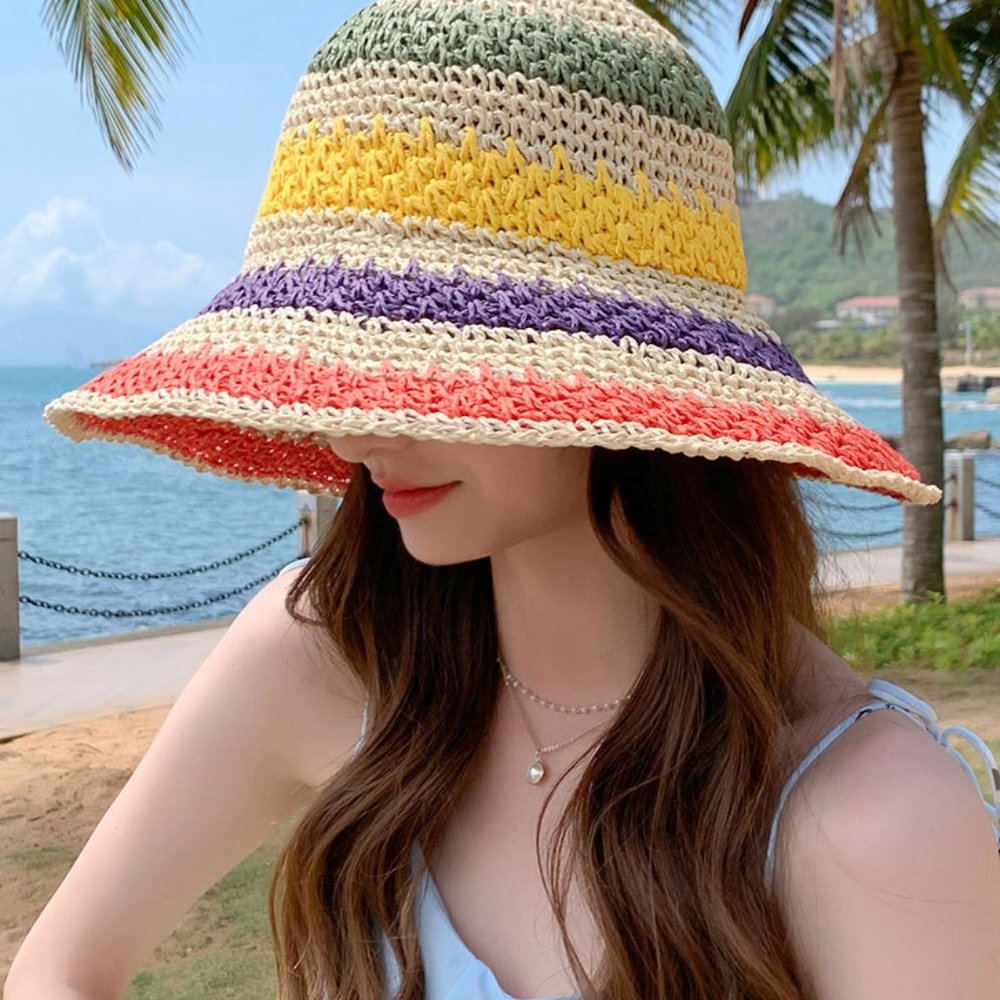 Foldable Bohemian Seaside Rainbow Color Straw Wov… - image 7